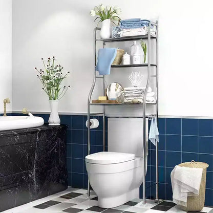 Meuble de Rangement Sur WC, Métal, Porte-Papier & Crochets, Sur Pied Sans Perçage, Blanc
