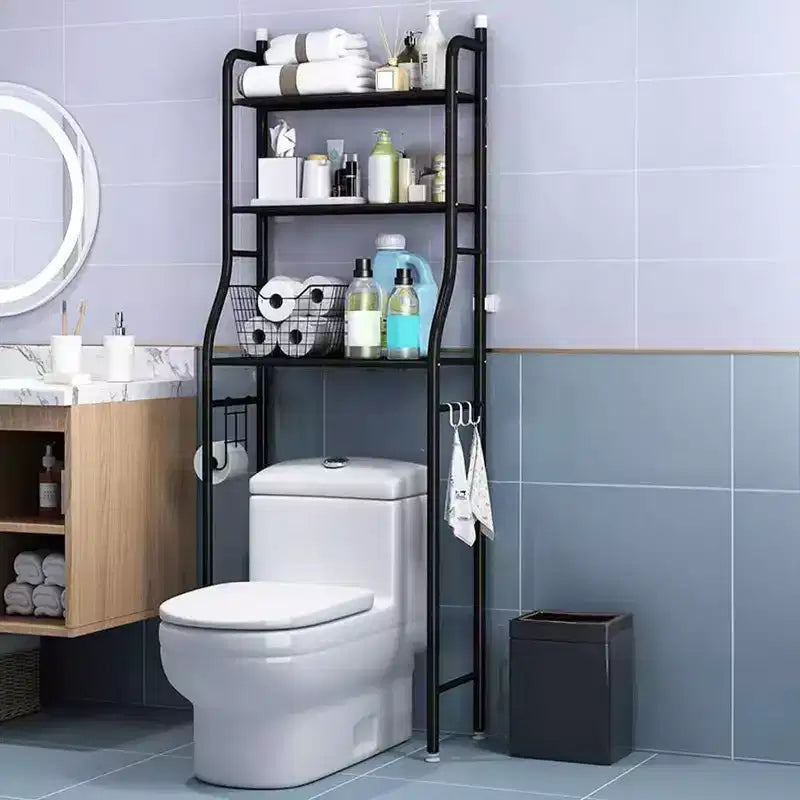 Meuble de Rangement Sur WC, Métal, Porte-Papier & Crochets, Sur Pied Sans Perçage, Blanc