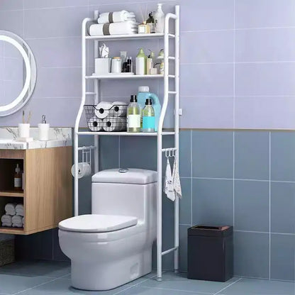 Meuble de Rangement Sur WC, Métal, Porte-Papier & Crochets, Sur Pied Sans Perçage, Blanc