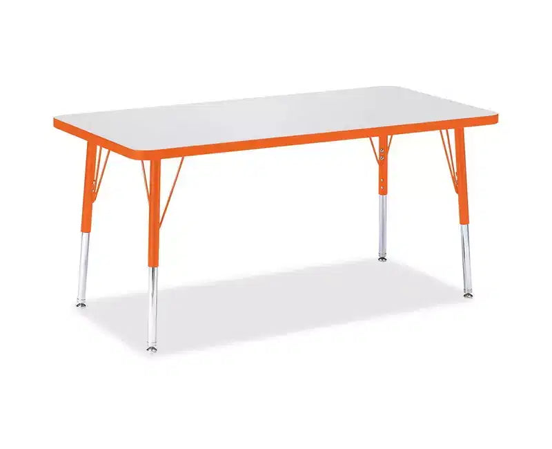 Table d'activités à hauteur élémentaire 24x48, bordure orange, pieds réglables en acier