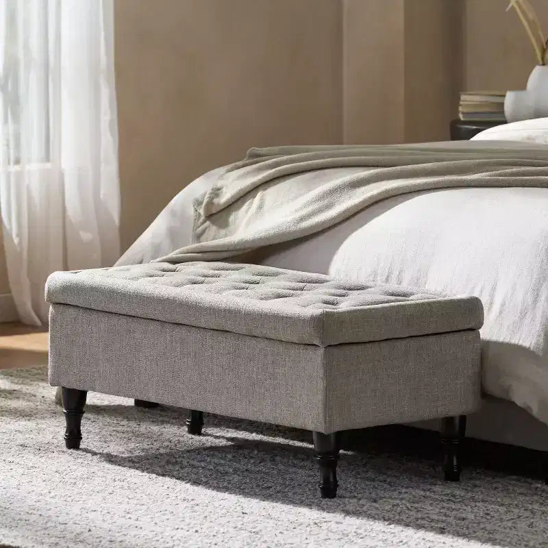 Banc de rangement ottoman, Rembourré capitonné, Pieds en bois tourné, Repose-pieds et banc de lit