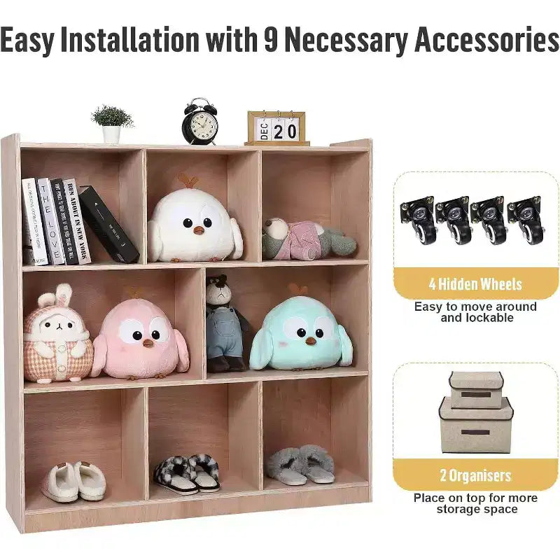 Étagères de rangement mobiles à 8 casiers pour jouets, pour la maison, l'école et la garderie, roulettes, contreplaqué