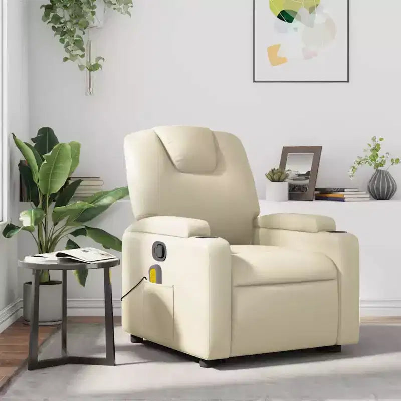 Fauteuil inclinable de massage avec 6 points de vibration, cuir synthétique crème, porte-gobelets, réglable