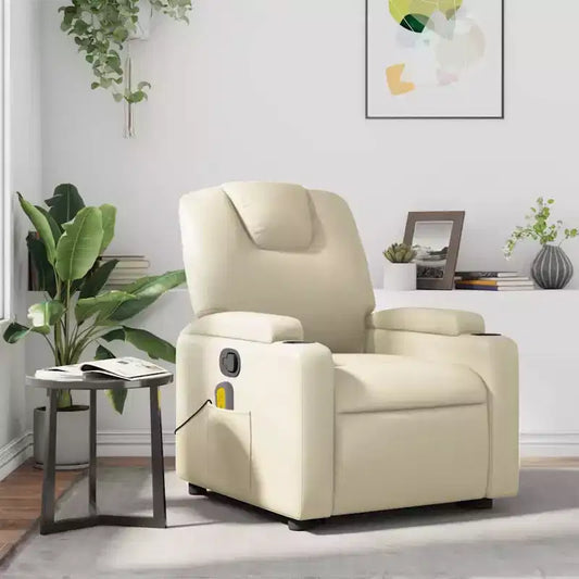 Fauteuil inclinable de massage avec 6 points de vibration, cuir synthétique crème, porte-gobelets, réglable