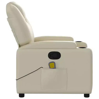 Fauteuil inclinable de massage avec 6 points de vibration, cuir synthétique crème, porte-gobelets, réglable