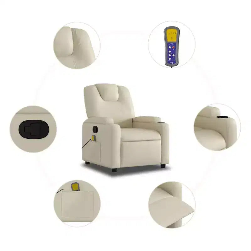 Fauteuil inclinable de massage avec 6 points de vibration, cuir synthétique crème, porte-gobelets, réglable