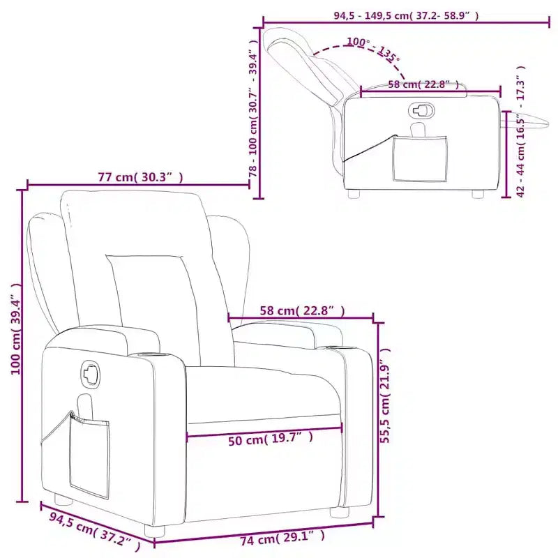 Fauteuil de massage inclinable, Tissu polyester noir, Accoudoirs réglables, Plusieurs niveaux d'inclinaison