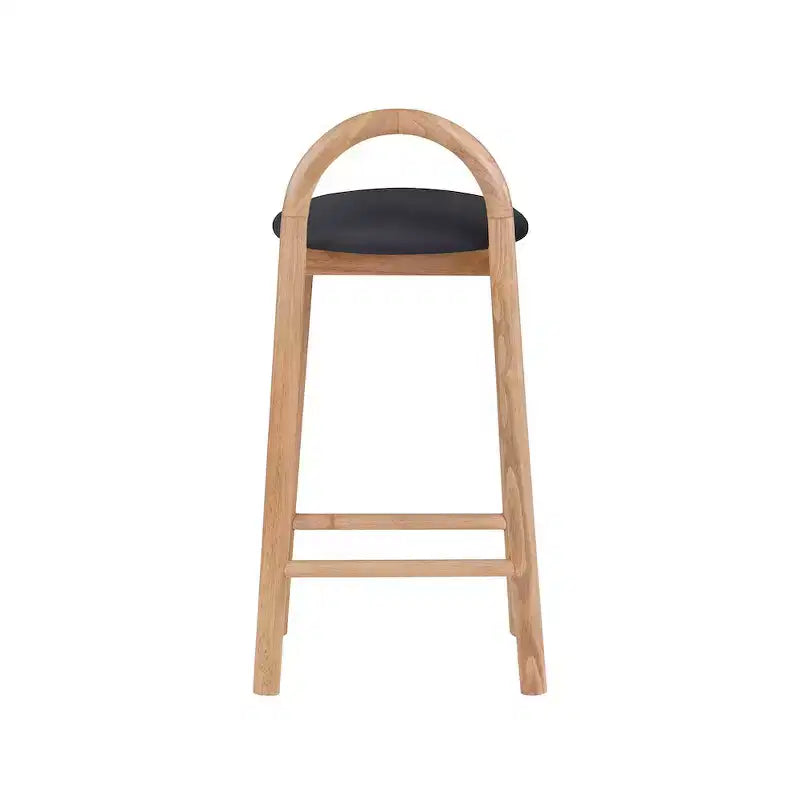 Tabouret de comptoir en cuir végétalien noir, structure en bois massif finition naturelle, design contemporain
