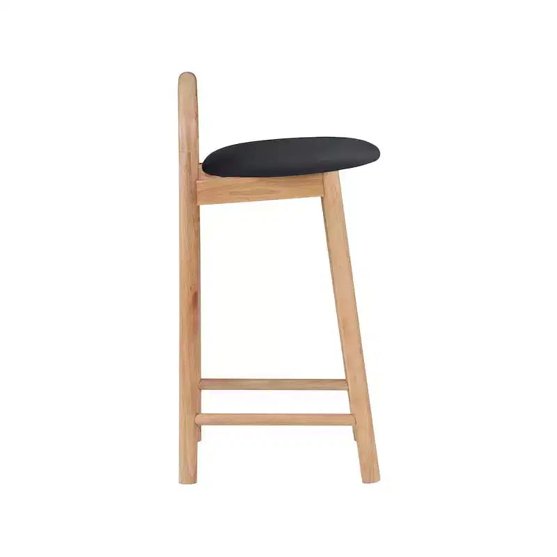 Tabouret de comptoir en cuir végétalien noir, structure en bois massif finition naturelle, design contemporain