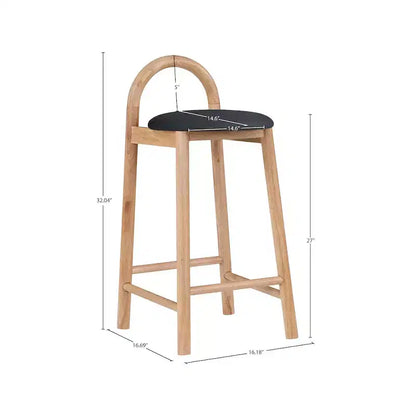 Tabouret de comptoir en cuir végétalien noir, structure en bois massif finition naturelle, design contemporain