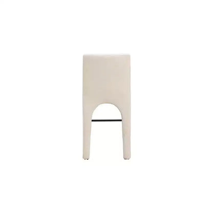Tabouret de comptoir en tissu texturé lin beige, design Art Déco, cadre en fer arqué, dossier mi-hauteur