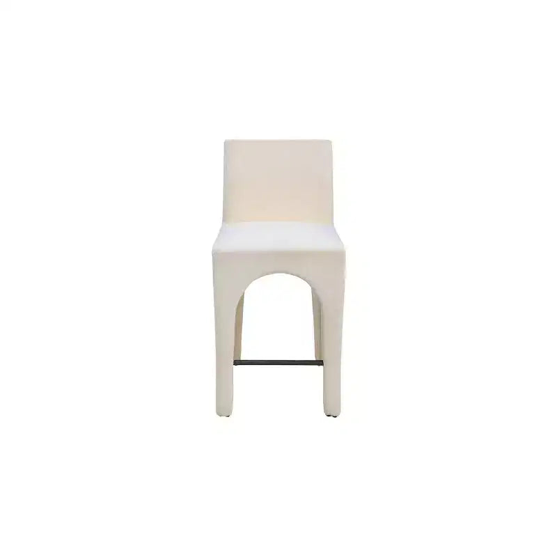 Tabouret de comptoir en tissu texturé lin beige, design Art Déco, cadre en fer arqué, dossier mi-hauteur