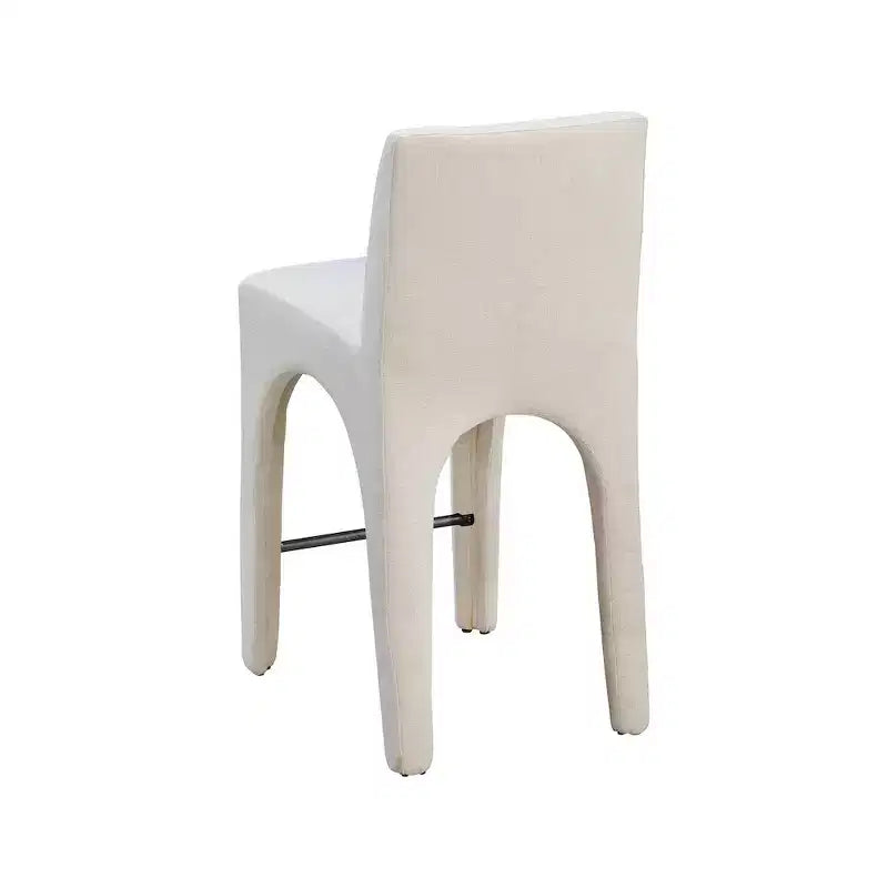 Tabouret de comptoir en tissu texturé lin beige, design Art Déco, cadre en fer arqué, dossier mi-hauteur