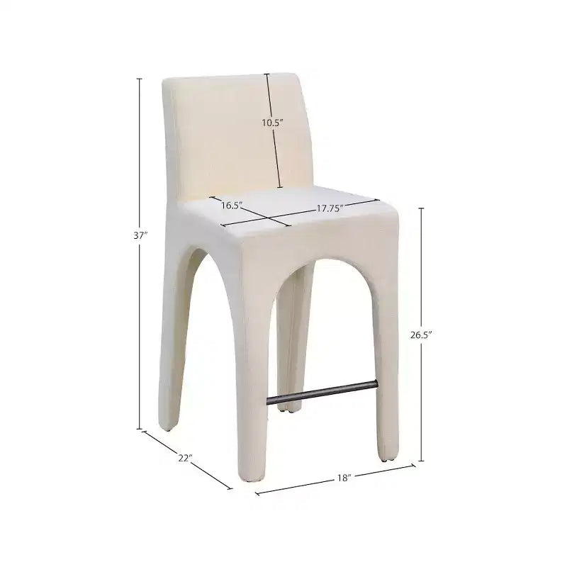 Tabouret de comptoir en tissu texturé lin beige, design Art Déco, cadre en fer arqué, dossier mi-hauteur
