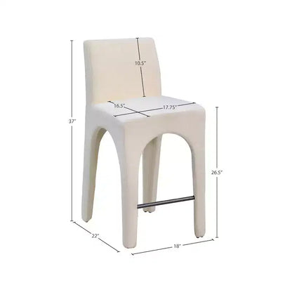 Tabouret de comptoir en tissu texturé lin beige, design Art Déco, cadre en fer arqué, dossier mi-hauteur