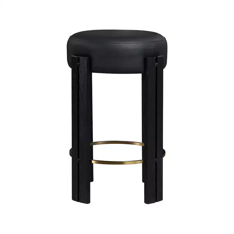 Tabouret de comptoir en cuir vegan noir, repose-pieds en laiton brossé, sans dossier, design contemporain