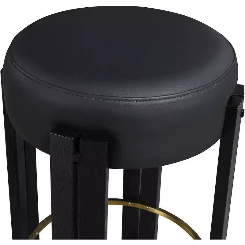 Tabouret de comptoir en cuir vegan noir, repose-pieds en laiton brossé, sans dossier, design contemporain