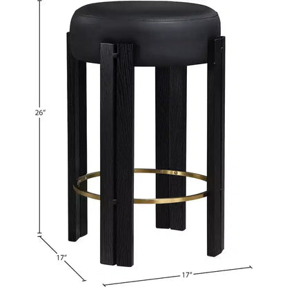 Tabouret de comptoir en cuir vegan noir, repose-pieds en laiton brossé, sans dossier, design contemporain