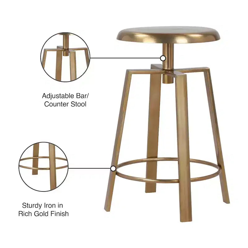 Tabouret de bar/comptoir réglable en fer doré, sans dossier, sans accoudoirs, design contemporain, hauteur 61-74 cm