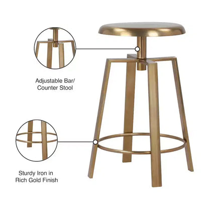 Tabouret de bar/comptoir réglable en fer doré, sans dossier, sans accoudoirs, design contemporain, hauteur 61-74 cm