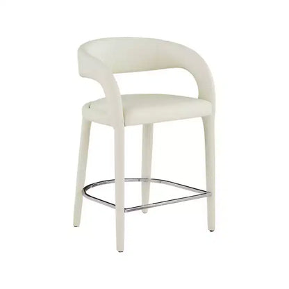 Tabouret de comptoir en similicuir végétalien crème, dossier arrondi, entièrement rembourré, design contemporain