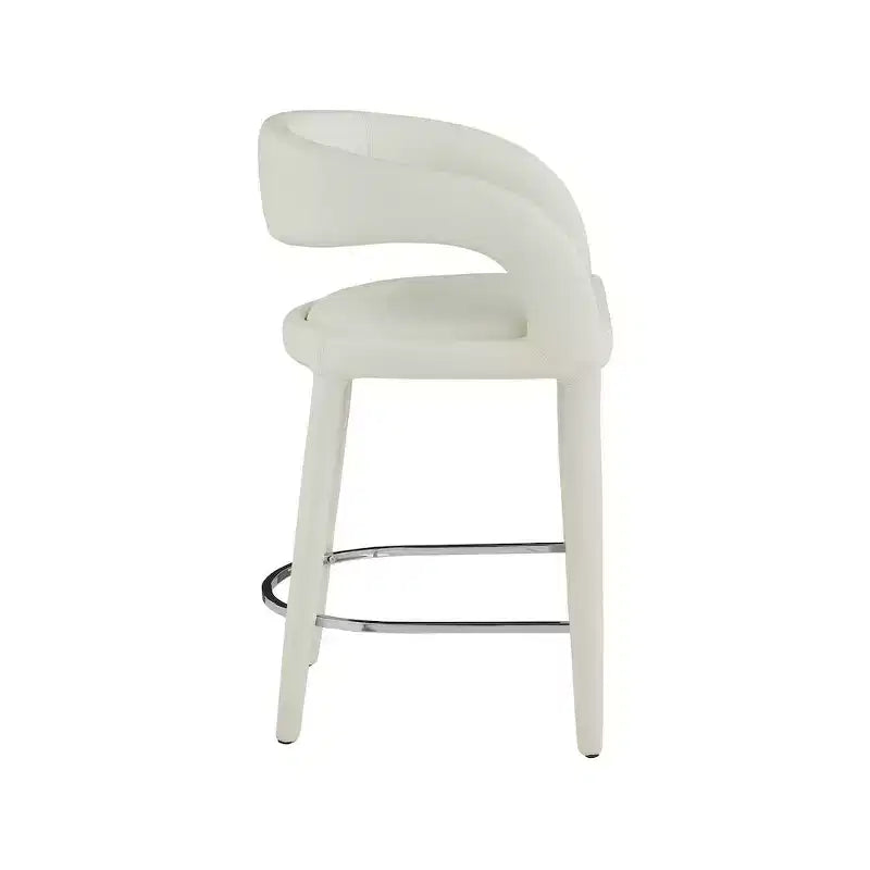Tabouret de comptoir en similicuir végétalien crème, dossier arrondi, entièrement rembourré, design contemporain