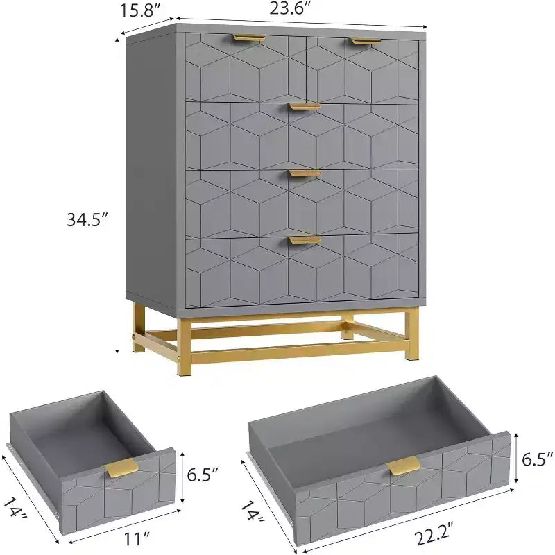 Commode grise à 5 tiroirs avec piètement métallique – Commode moderne pour chambre, salon et rangement de dressing