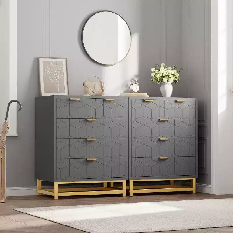 Commode grise à 5 tiroirs avec piètement métallique – Commode moderne pour chambre, salon et rangement de dressing