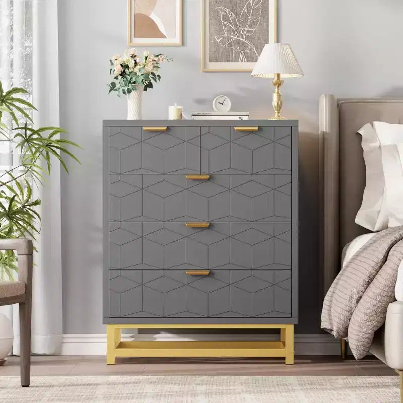 Commode grise à 5 tiroirs avec piètement métallique – Commode moderne pour chambre, salon et rangement de dressing