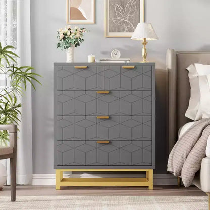 Commode grise à 5 tiroirs avec piètement métallique – Commode moderne pour chambre, salon et rangement de dressing