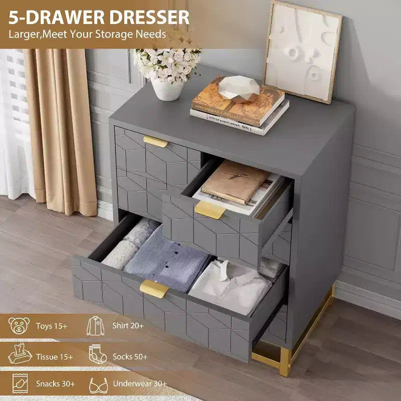 Commode grise à 5 tiroirs avec piètement métallique – Commode moderne pour chambre, salon et rangement de dressing