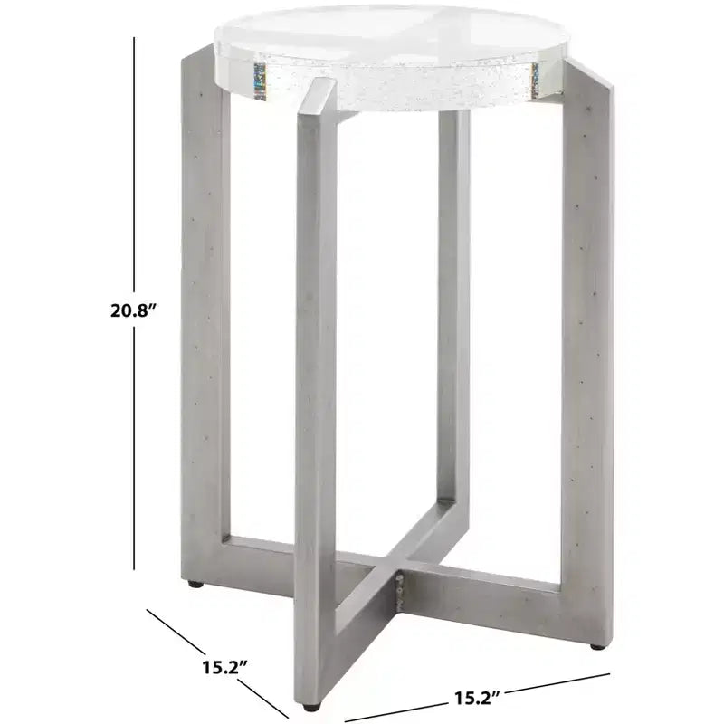 Table d'appoint ronde en verre bullé, cadre en métal argenté, plateau en verre transparent, décor intérieur moderne