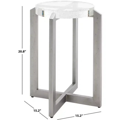 Table d'appoint ronde en verre bullé, cadre en métal argenté, plateau en verre transparent, décor intérieur moderne