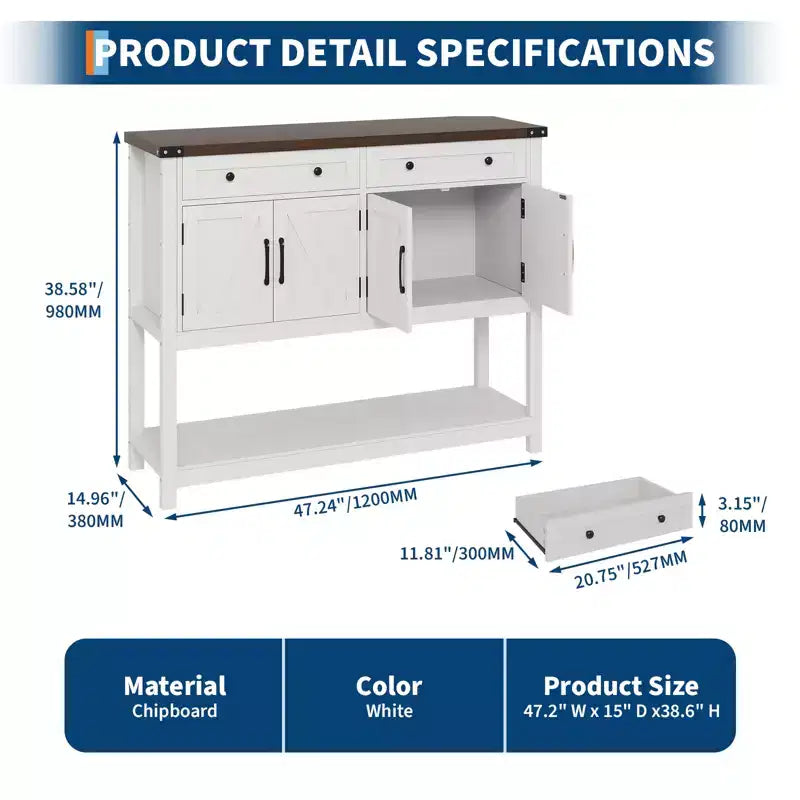 47.2 Table console de ferme, avec 2 tiroirs, 4 portes et étagère ouverte, meuble bar à café, buffet étroit pour cuisine, couloir, salon