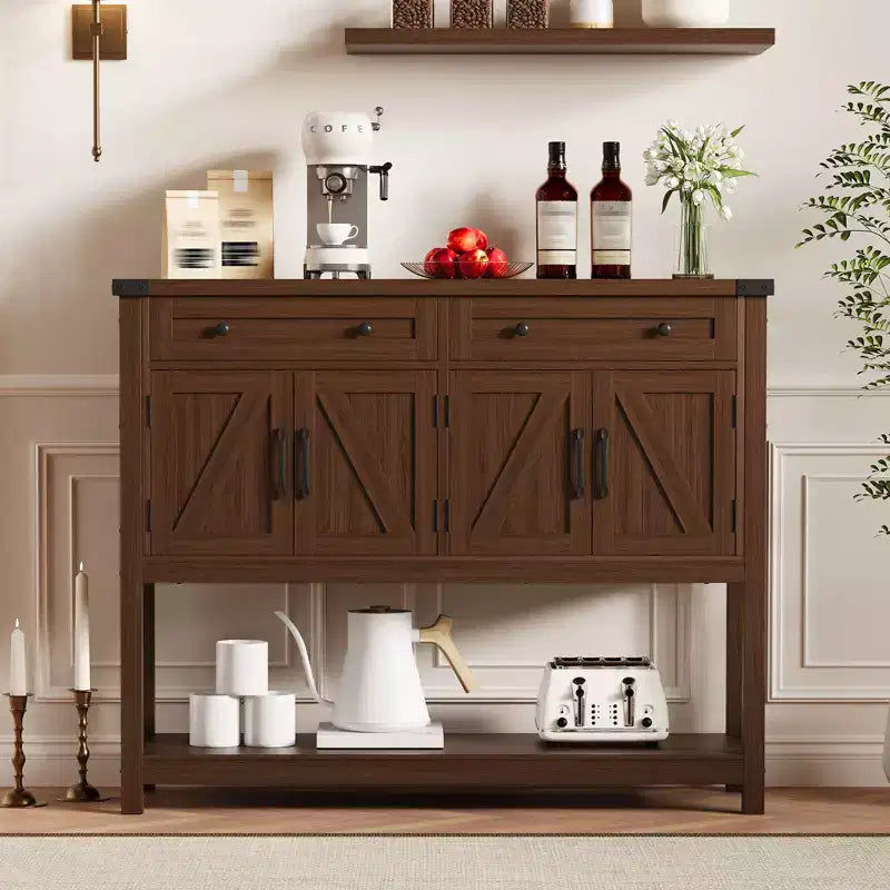 47.2 Table console de ferme, avec 2 tiroirs, 4 portes et étagère ouverte, meuble bar à café, buffet étroit pour cuisine, couloir, salon