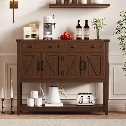 47.2 Table console de ferme, avec 2 tiroirs, 4 portes et étagère ouverte, meuble bar à café, buffet étroit pour cuisine, couloir, salon