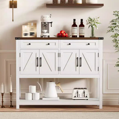 47.2 Table console de ferme, avec 2 tiroirs, 4 portes et étagère ouverte, meuble bar à café, buffet étroit pour cuisine, couloir, salon