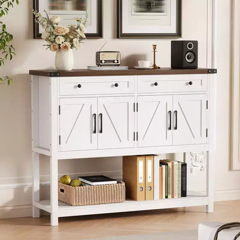 47.2 Table console de ferme, avec 2 tiroirs, 4 portes et étagère ouverte, meuble bar à café, buffet étroit pour cuisine, couloir, salon