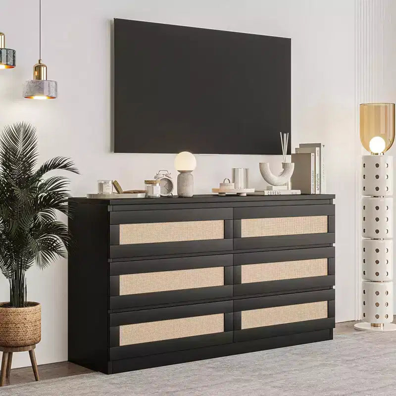 Commode à 6 tiroirs en rotin pour chambre à coucher, commode en bois moderne, anti-basculement, noire