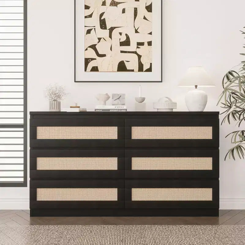 Commode à 6 tiroirs en rotin pour chambre à coucher, commode en bois moderne, anti-basculement, noire