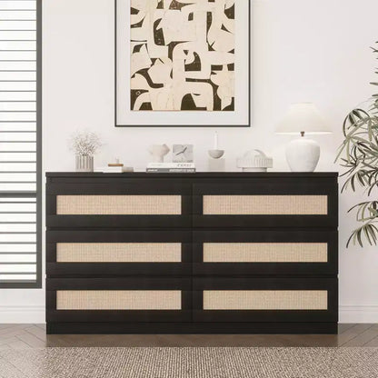 Commode à 6 tiroirs en rotin pour chambre à coucher, commode en bois moderne, anti-basculement, noire