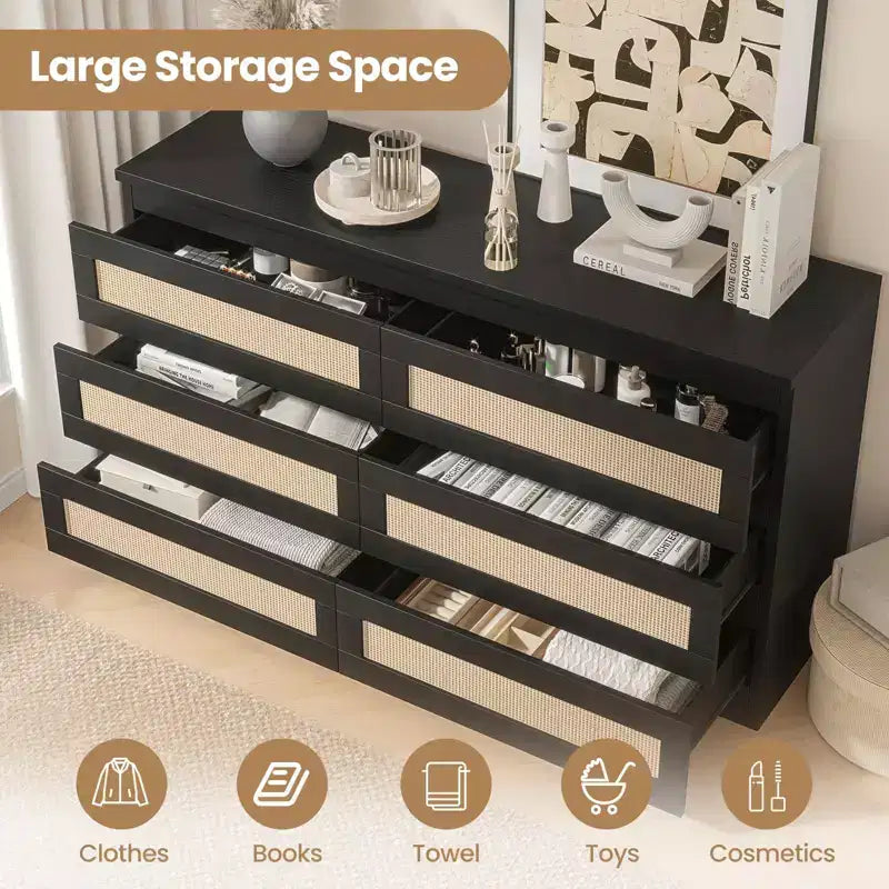 Commode à 6 tiroirs en rotin pour chambre à coucher, commode en bois moderne, anti-basculement, noire