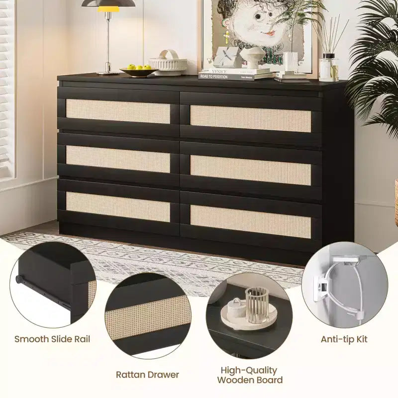 Commode à 6 tiroirs en rotin pour chambre à coucher, commode en bois moderne, anti-basculement, noire