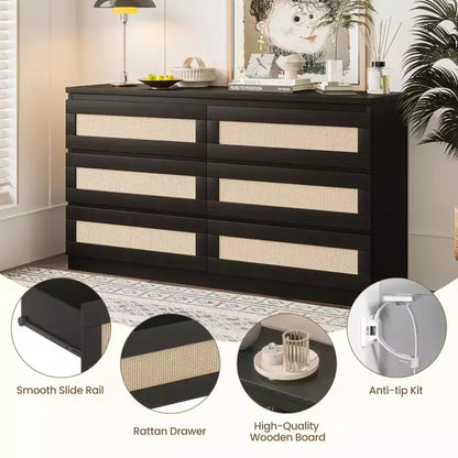 Commode à 6 tiroirs en rotin pour chambre à coucher, commode en bois moderne, anti-basculement, noire