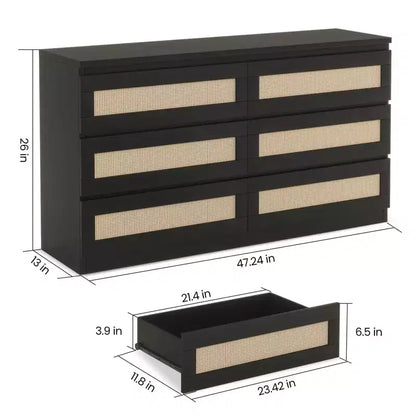 Commode à 6 tiroirs en rotin pour chambre à coucher, commode en bois moderne, anti-basculement, noire