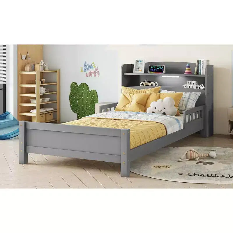 MAYEERTY Twin Pine Wood Bed with Bookcase Headboard, Safety Guardrails Gray