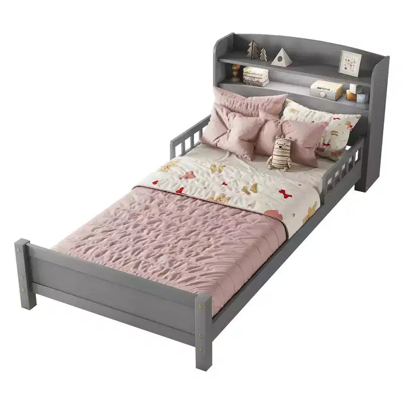 Lit en bois Pin Twin avec tête de lit bibliothèque, barrières de sécurité, gris, rangement sous le le lit