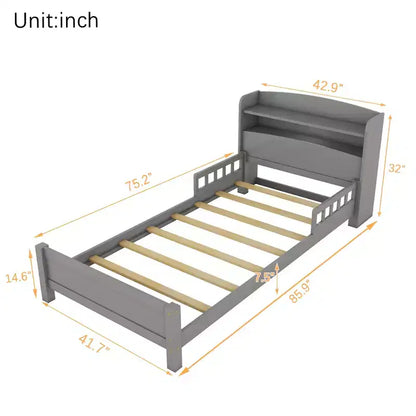 Lit en bois Pin Twin avec tête de lit bibliothèque, barrières de sécurité, gris, rangement sous le le lit