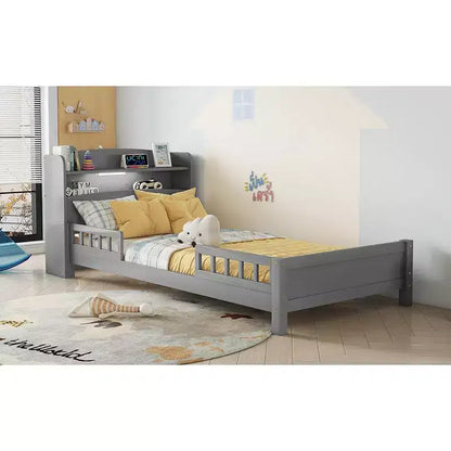 Lit en bois Pin Twin avec tête de lit bibliothèque, barrières de sécurité, gris, rangement sous le le lit