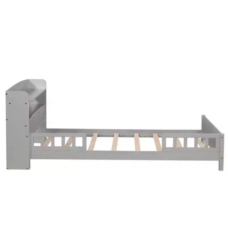 Lit en bois Pin Twin avec tête de lit bibliothèque, barrières de sécurité, gris, rangement sous le le lit